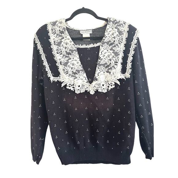 Vintage SCOTT MCCLINTOCK Lace Sailor Collar Navy Dotted Pattern Knit Sweater - Picture 1 of 5